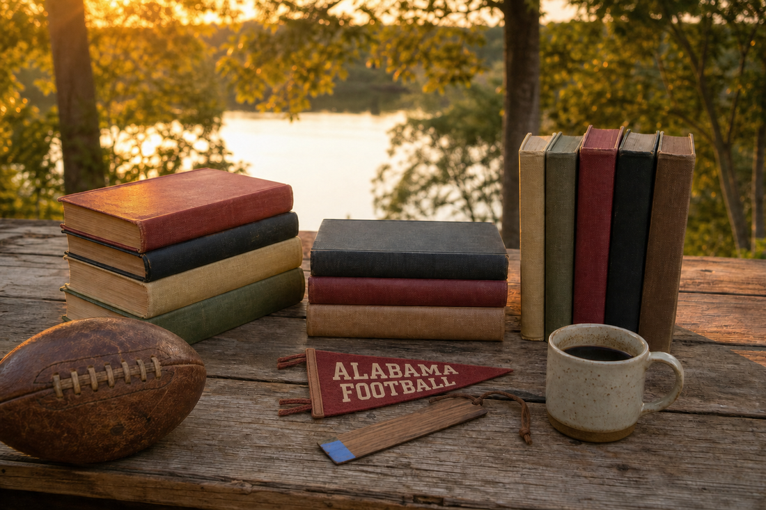Twelve pre-owned football books, a vintage football, Alabama Football pennant, bookmark, and coffee on a lakeside table.