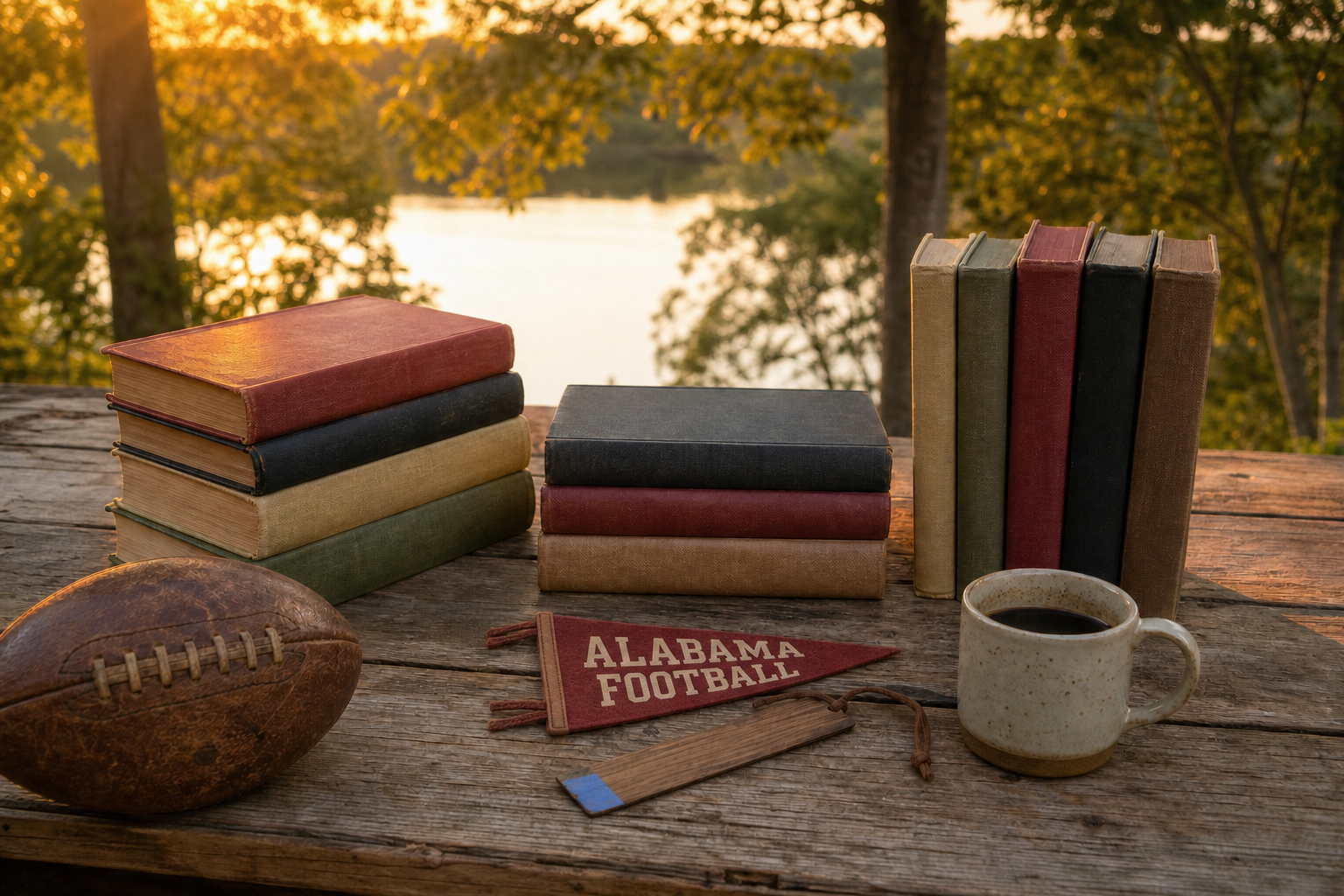 Twelve pre-owned football books, a vintage football, Alabama Football pennant, bookmark, and coffee on a lakeside table.