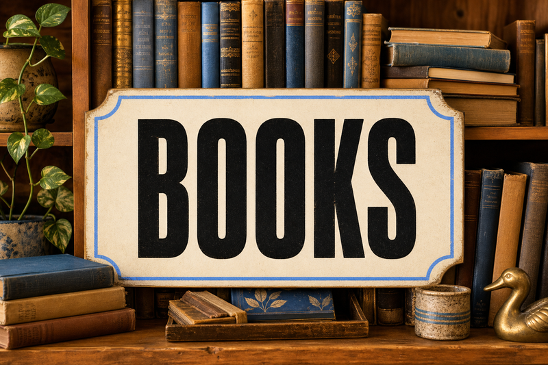 Vintage books arranged around a bold Books category sign.