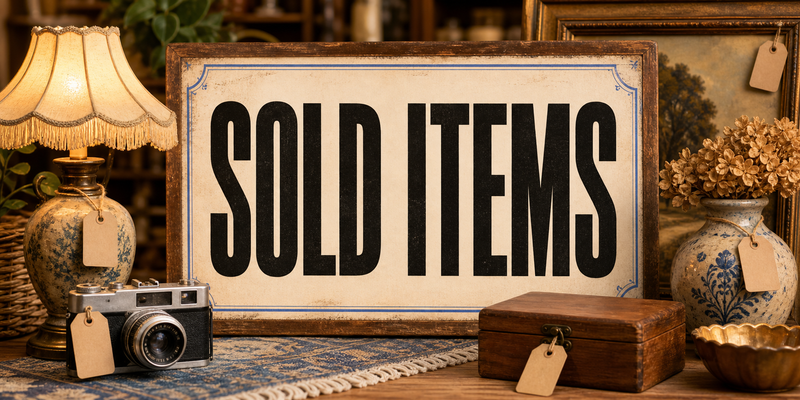 Vintage secondhand treasures arranged around a bold Sold Items category sign.