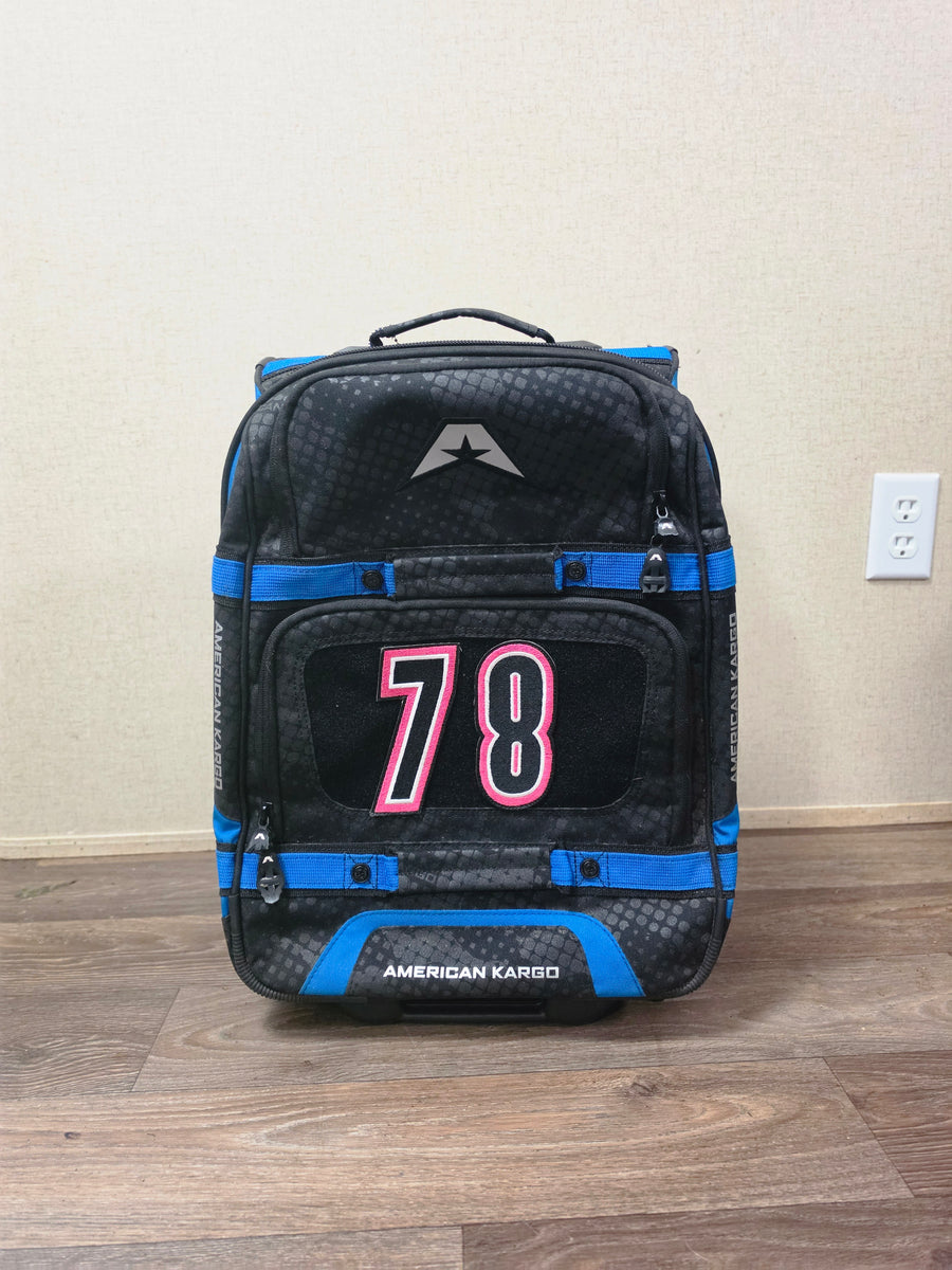 Black and blue American Kargo roller gear bag, an actual Gray's Good Goods find