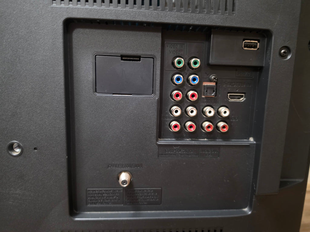 Rear input panel of the Sony Bravia TV showing HDMI, component, composite, USB, and antenna connections.