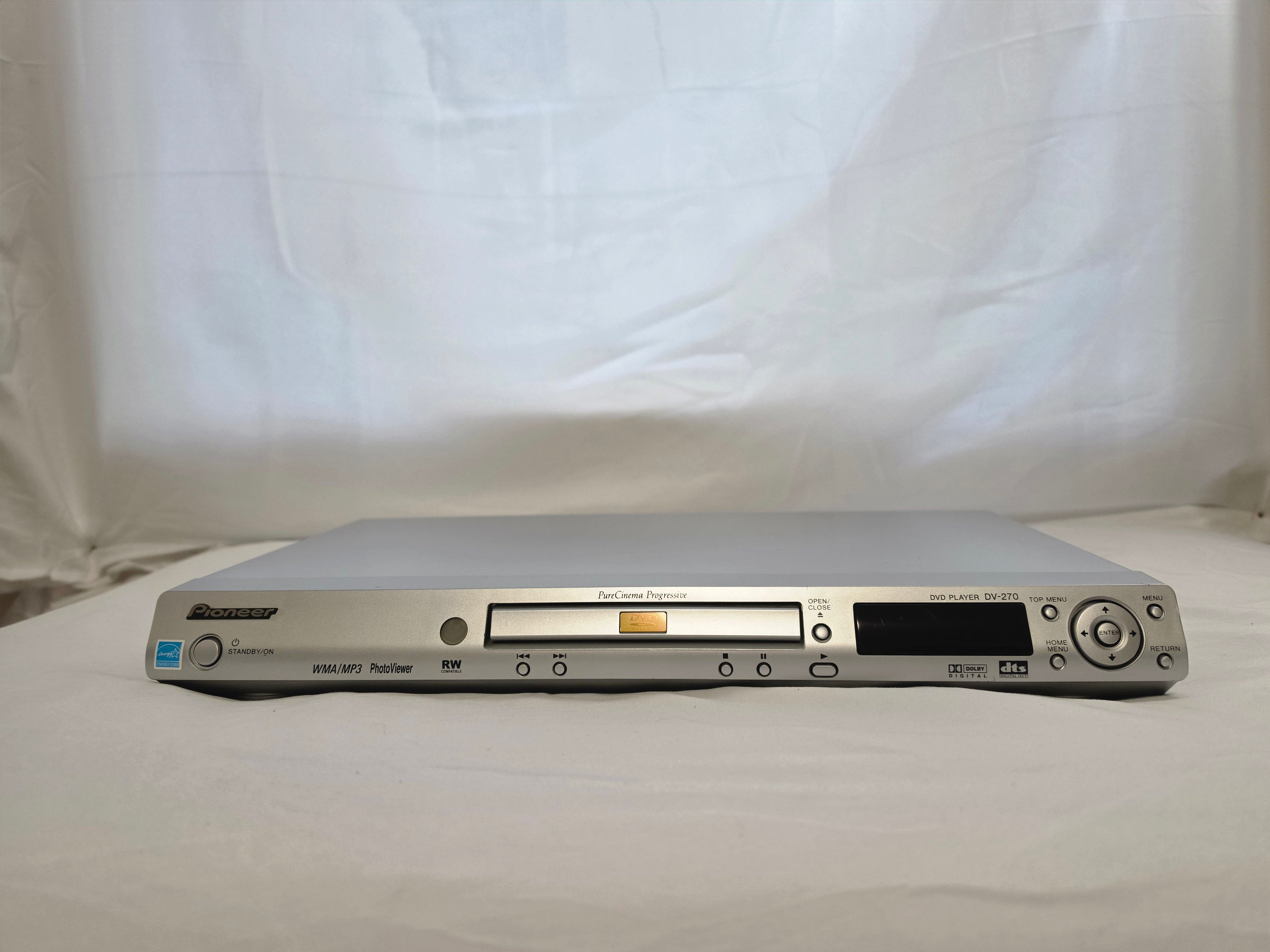Straight-on front view of the Pioneer DV-270 DVD player and control panel.