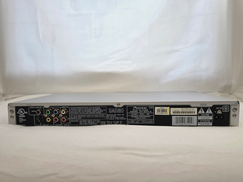 Rear panel of the Pioneer DV-270 showing composite AV outputs, power cord, and labels.