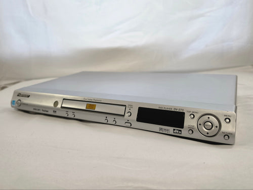 Front-right angled view of the Pioneer DV-270 showing the disc tray, display, and controls.