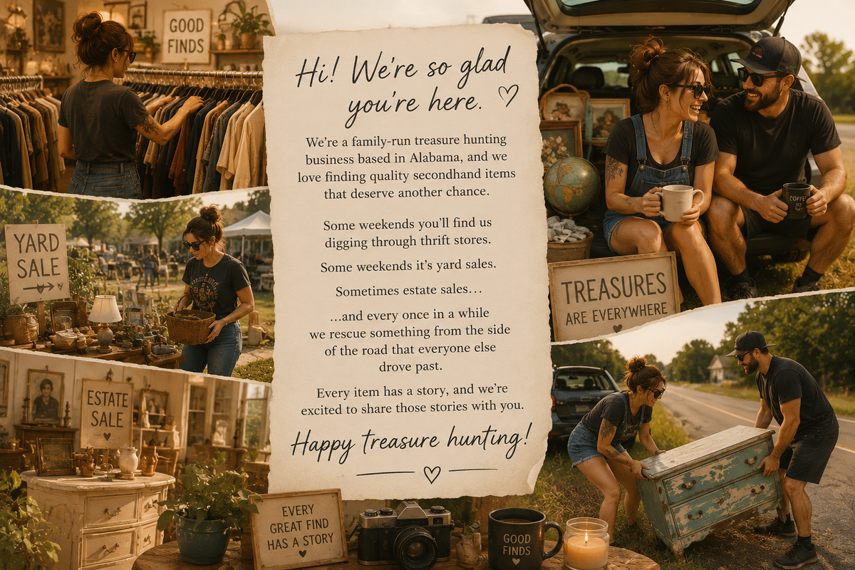 A warm collage celebrating the family treasure-hunting story behind Gray's Good Goods