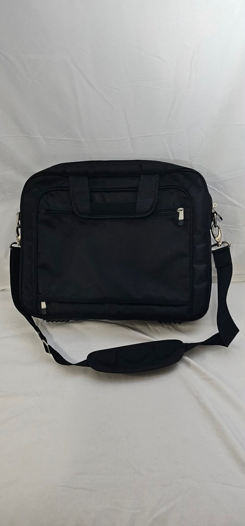 Rear view of the black Dell laptop briefcase with carry handles, rear zippered pocket, and padded shoulder strap.