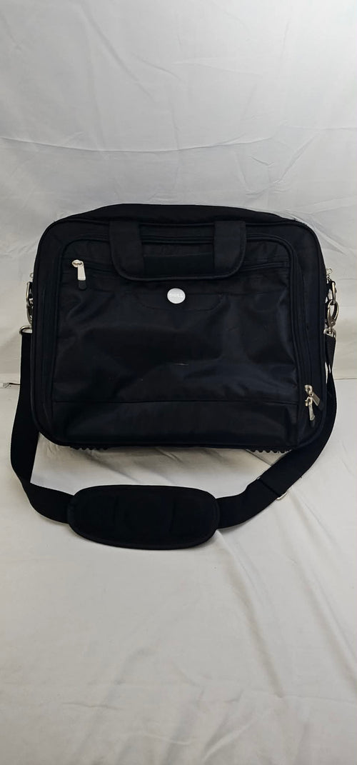 Front view of a black Dell padded laptop briefcase with carry handles, zippered pockets, and detachable shoulder strap.